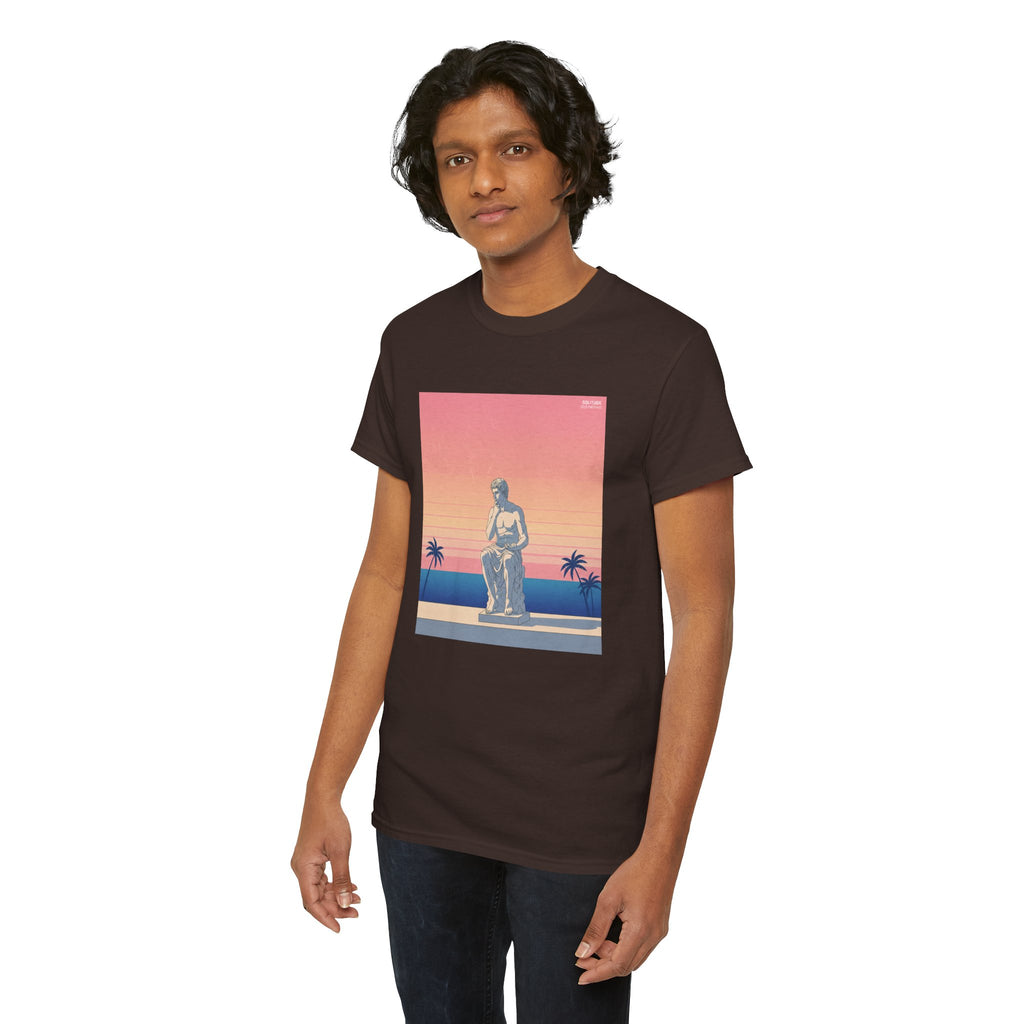 Retro Sunset Statue T-Shirt — Vaporwave Beach Graphic Tee