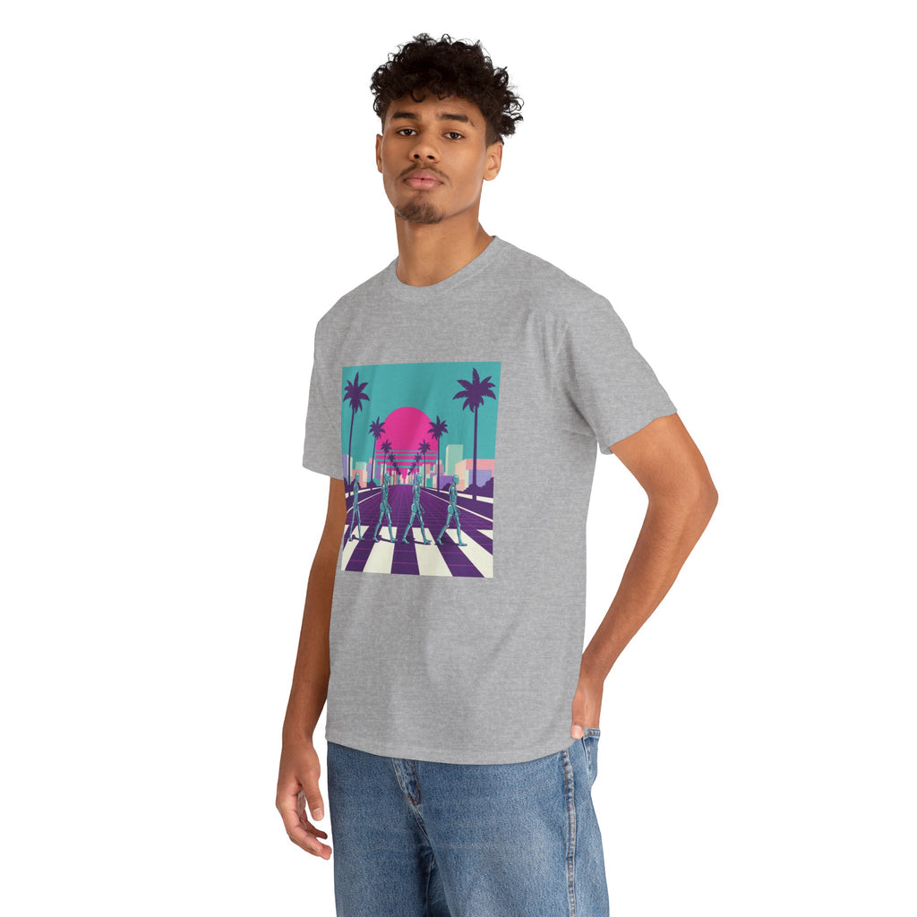 Retro Sunset Beach Tee — Vaporwave Palm Tree Skate Crossing T-Shirt