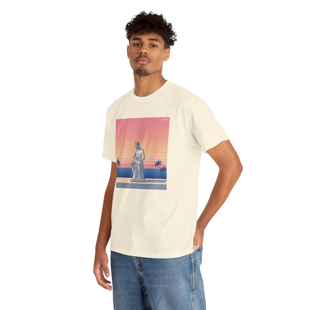 Retro Sunset Statue T-Shirt — Vaporwave Beach Graphic Tee