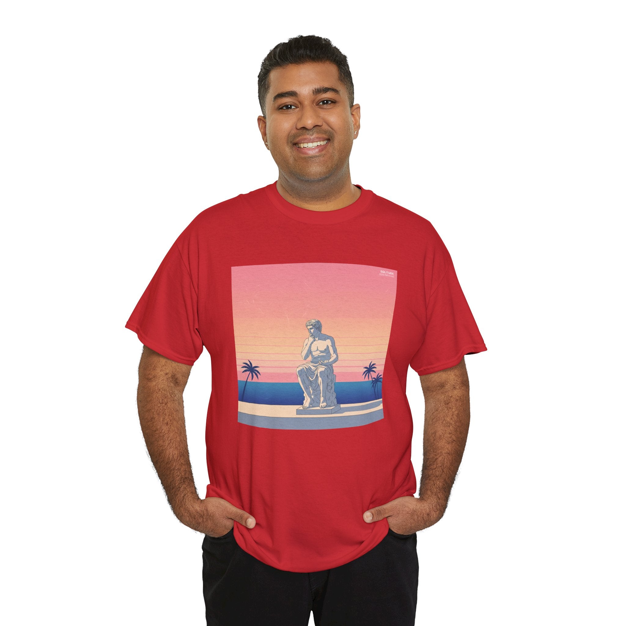 Retro Sunset Statue T-Shirt — Vaporwave Beach Graphic Tee